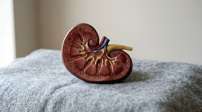Detailed Red Kidney Model on Gray Fabric Surface