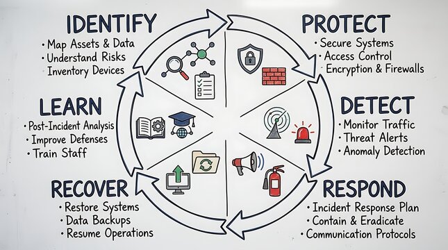 A diagram illustrating the NIST cybersecurity framework cycle for organizational security and data protection.