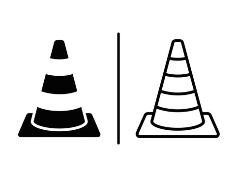 Traffic road safety cone outline and black fill icon set with construction silhouette isolated