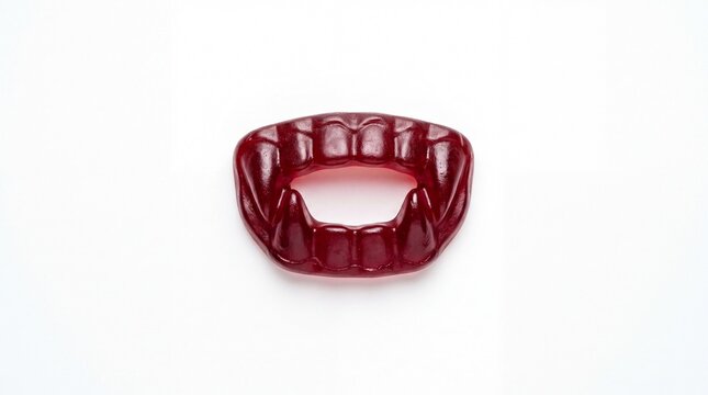 Vampire teeth gummy candy in dark red color sits isolated on plain white background representing spooky halloween treats and party snacks