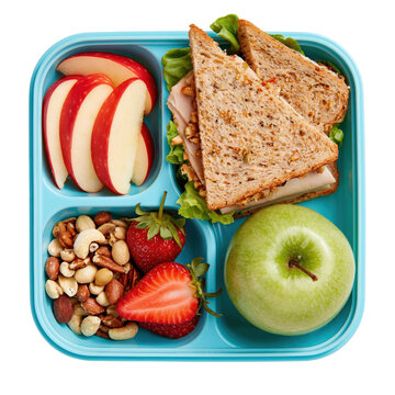 Kids lunch box with turkey sandwiches, apple slices, strawberries, and mixed nuts placed on a white surface ready for school