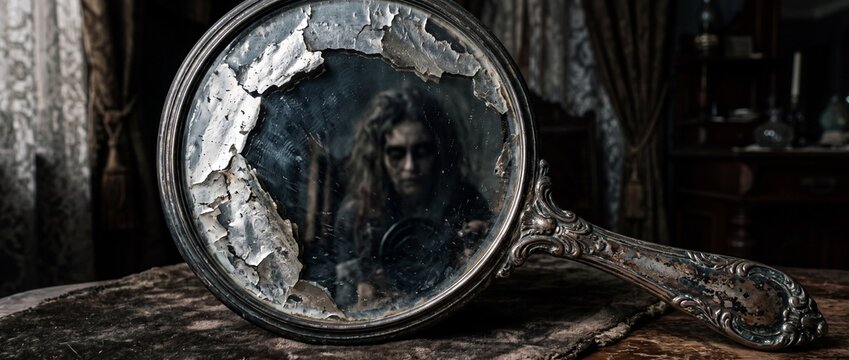 distorted reflection of frightened woman in antique cracked mirror with ornate frame, representing fear or inner turmoil