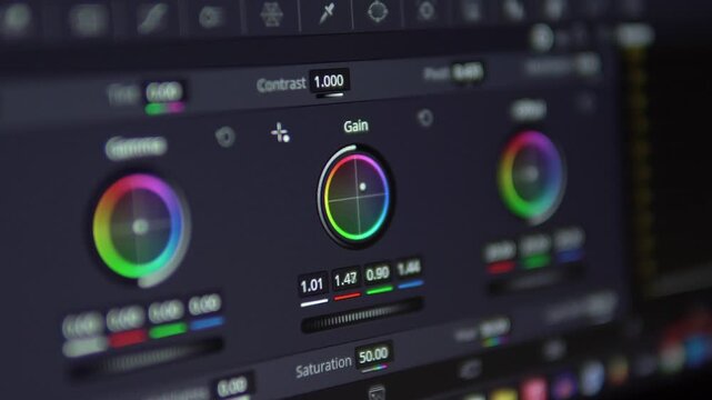 4K video of color correction or color grading software, close-up of the screen. Grading process for video editing, film, media, and broadcasting.