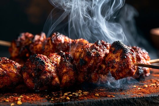 Close-up of spicy chicken tikka skewers with smoke rising, charred texture, vibrant spices, dark moody background