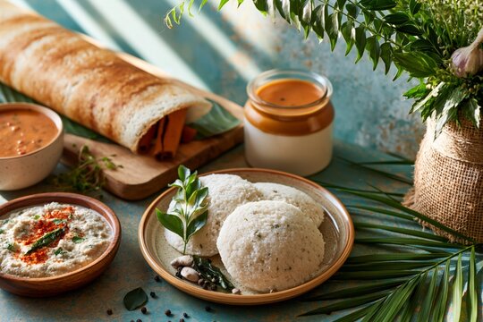 Indian breakfast spread with idli, dosa, coconut chutney, sambar, and fresh herbs, bright natural lighting, authentic South Indian cuisine