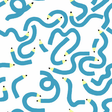 Blue Pencils Winding Across White Background With Playful Doodle Style Minimalist Design