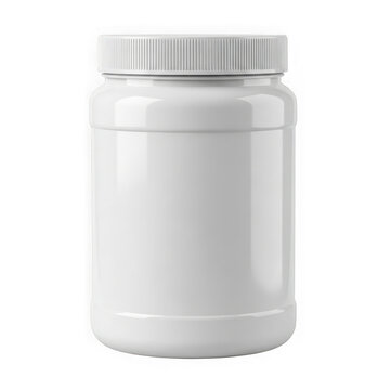 Blank white plastic jar for vitamins or protein powder supplement mockup design with a screw cap for healthy food product isolated on white background