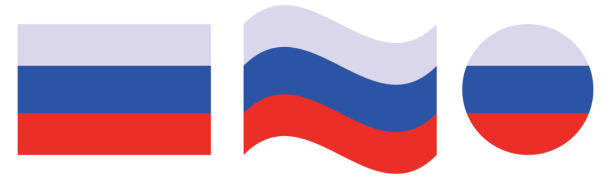 russia flag icon set vector, russian national flag in rectangle waving and round circle styles isolated on white background