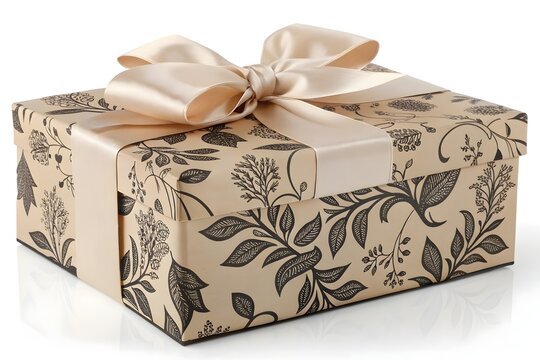 Elegant gift box wrapped with decorative ribbon and floral pattern design