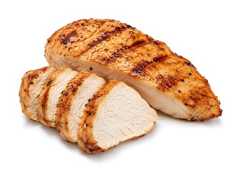 Grilled chicken breast fillet sliced on white background