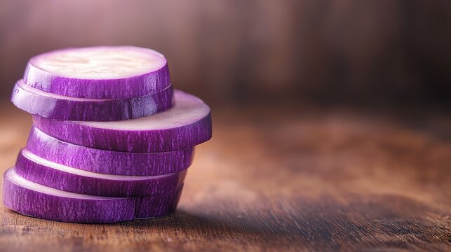 Purple Food and Drink A close up of a sliced eggplant with vivid purple skin and white flesh, arranged neatly on a rustic chopping board.