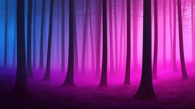 Purple Landscapes A vivid purple tinged forest captured at dusk, with mystical lighting creating an enchanting and peaceful atmosphere.