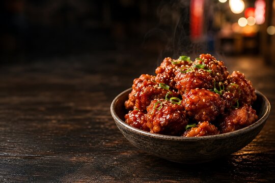 Bowl of spicy Korean fried chicken with glaze and sesame seeds on a dark wooden table.