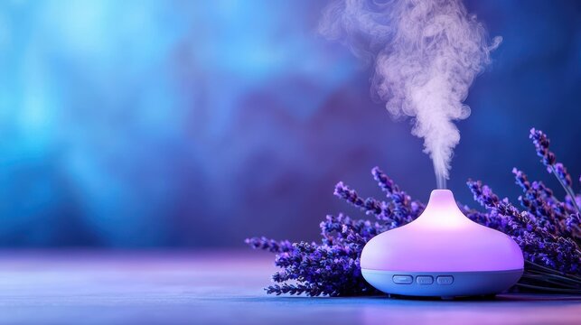 Purple Wellness and Relaxation A soothing image of a purple lit aromatherapy diffuser in a dimly lit room, surrounded by lavender sprigs.