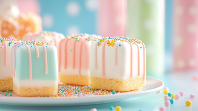 Colorful Food and Drink Bright and vivid desserts featuring colorful icing and sprinkles, arranged artistically on a plate.
