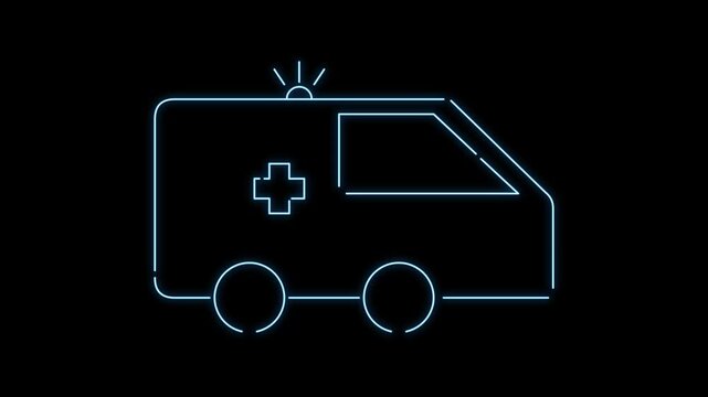 Neon ambulance icon animation with flashing emergency light on black background medical