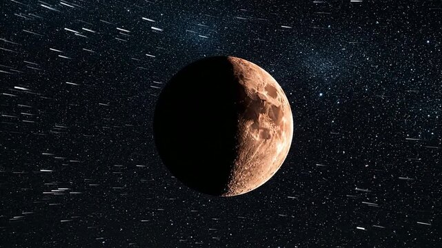Cinematic moon phase transition with starfield background, realistic lunar cycle, animation for space, and astronomy projects