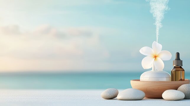 Spa Aromatherapy and Essential Oil A calming scene featuring a diffuser releasing mist, essential oil bottles, and a bowl of smooth stones on a tranquil spa surface.