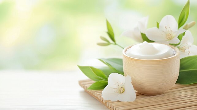 Spa Product Artistic display of skincare products, including lotions and exfoliants, elegantly arranged on a bamboo tray with fresh flowers.