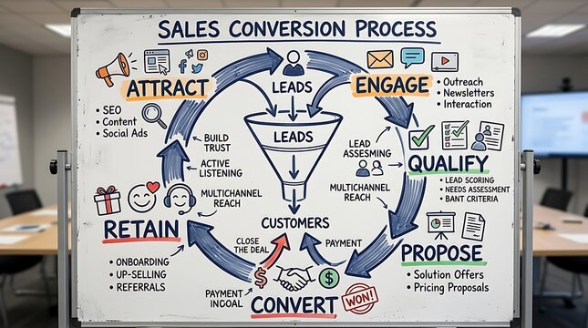 A whiteboard presentation showing a detailed sales conversion process funnel and customer journey diagram.