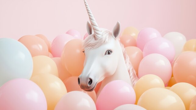 Unicorn Party Themes A playful unicorn surrounded by colorful balloons and party decorations, perfect for a fun celebration theme.