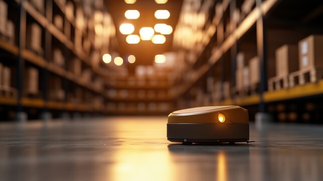 warehouse Logistic and Supply Chain Network Rows of shelves in a warehouse with automated robots moving goods, illustrating modern supply chain efficiency.