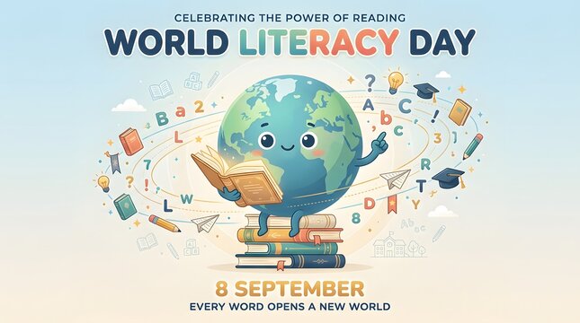 Globe holding an open book colorful world literacy day illustration