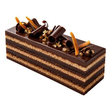 Layered chocolate opera cake with orange peel. Isolated holiday dessert.