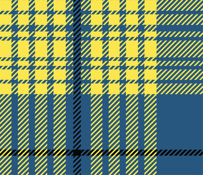 Blue and yellow plaid fabric pattern with intersecting stripes and squares for textile design and apparel manufacturing