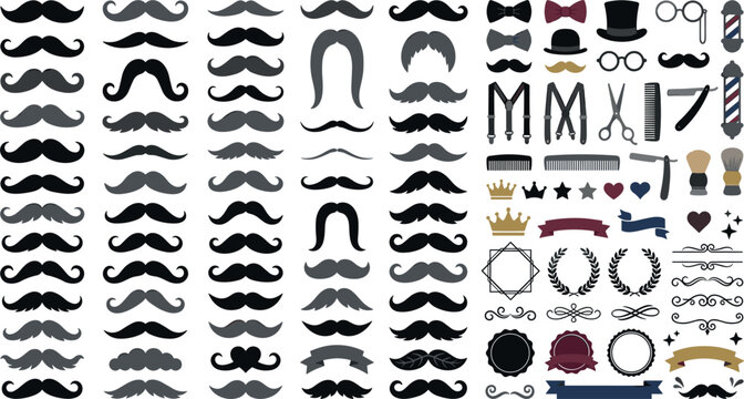Vintage mustache silhouettes collection and gentleman barber shop accessories vector elements set for hipster style design