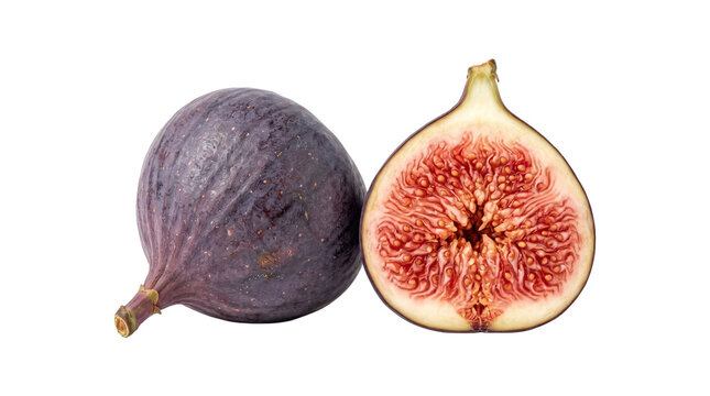 Whole and half fresh fig fruit with juicy red pulp, perfect for healthy eating or Mediterranean cuisine.
