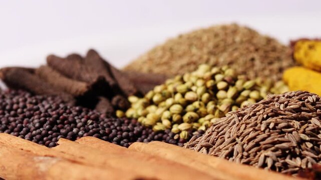 Set of dried Indian spices in serving plate table top view spin.