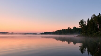 Fototapeta premium Serene Lakeside Dawn: Wide View of Calm Water and Forest