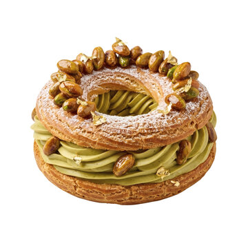 Paris Brest pastry with pistachio cream and glazed nuts. Isolated dessert.