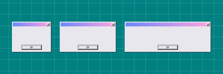 Fototapeta na wymiar Retro computer dialog windows with close icons and confirmation buttons. Vintage interface design on a teal grid background. Nostalgic digital technology concept for software and web design.