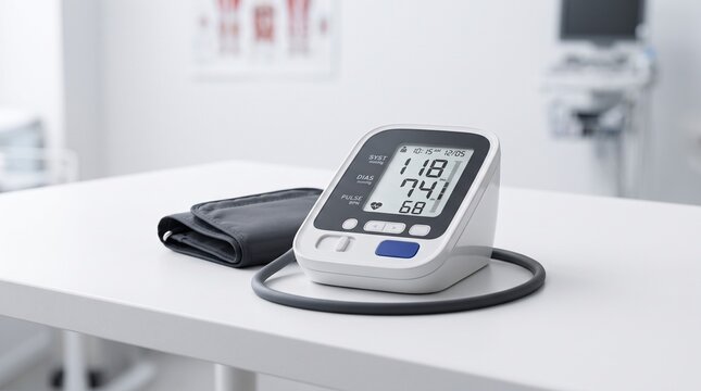 Digital blood pressure monitor with cuff on white table in clinic.