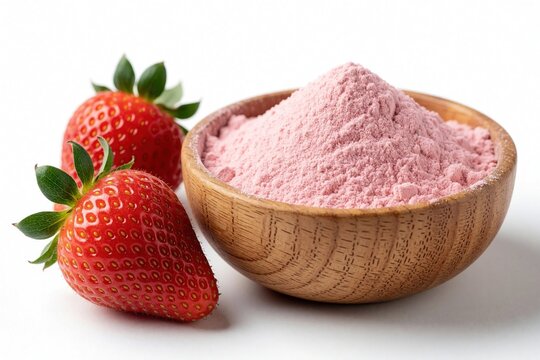 Pink strawberry protein powder in wooden bowl beside fresh ripe strawberries. Healthy fruit supplement powder for fitness diet, nutrition. Natural organic berry flavored whey casein scoop ingredient