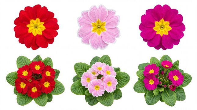 Vibrant red pink and purple primrose flowers displayed as individual blooms and full potted plants isolated on white background