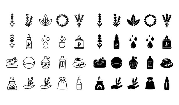 Lavender Aromatherapy Spa and Organic Cosmetics Icon Collection Featuring Essential Oil Droppers Scented Candles Bath Bombs Soap Bars and Floral Wellness Line Art Silhouette Vectors