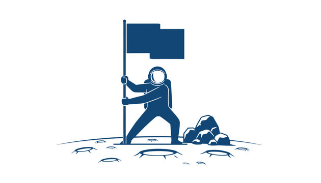 Astronaut plants a flag on the lunar surface amidst craters and rocks during a space exploration mission.