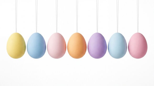 Seven colorful easter eggs hanging in a neat horizontal row featuring soft pastel shades for festive spring decoration on white background