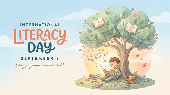 Illustration of a tree with books and a boy reading beneath it