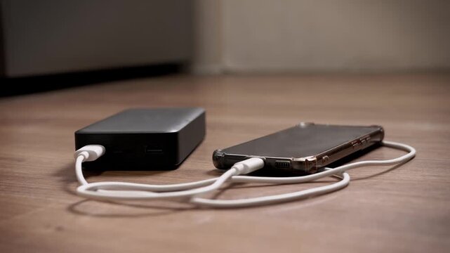 A black portable power bank is connected to a mobile smartphone with a white cable on a wooden floor. Concept of backup power, battery charging, technology, and modern digital lifestyle.