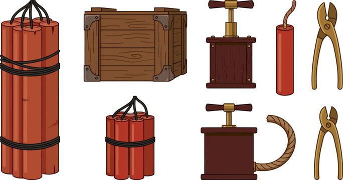 Vintage Mining Demolition Vector Icon Set Featuring TNT Plunger Detonators, Bundles of Red Dynamite Sticks, Wooden Crates, and Wire Pliers