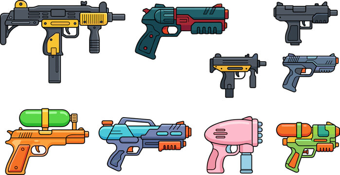 Colorful Toy Gun Vector Icon Set Featuring Summer Water Blasters, Plastic Squirt Pistols, Submachine Guns, and Playful Weapon Designs for Games