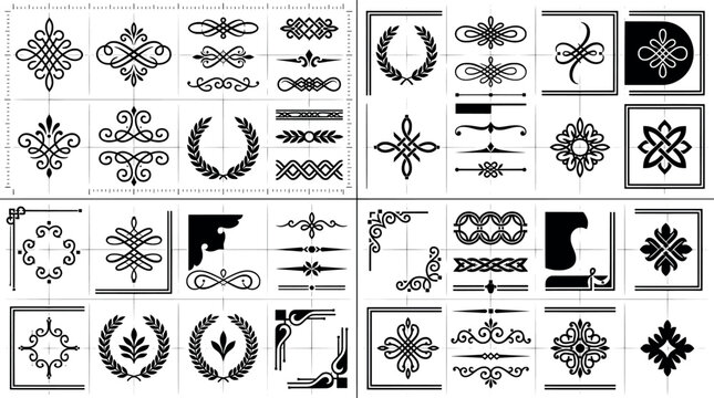 Set of vintage decorative elements, borders, corners, and flourishes for design, elegant calligraphic ornaments