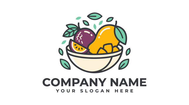 Creative Fruit Salad Logo Design with Mango and Passion Fruit in a Bowl.