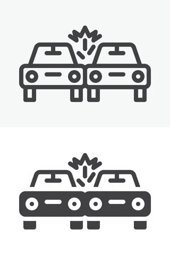 Auto crash insurance icon set with two front cars collision in line, outline and solid styles. Accident claim icon, editable stroke vector sign and symbol.