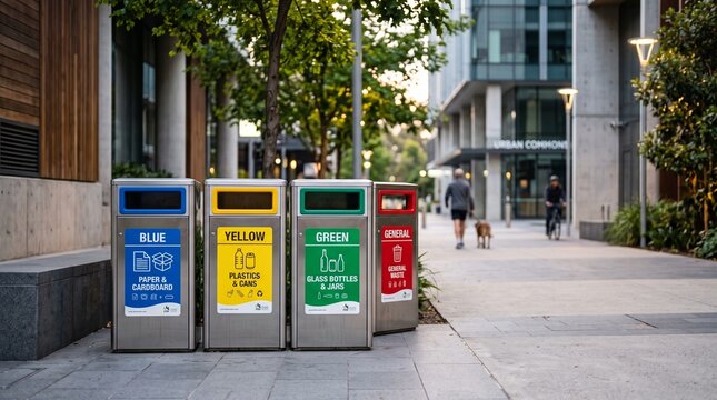 Recycling bins for paper cardboard plastics glass and general waste on city street