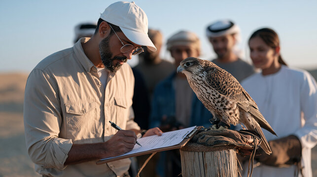 A falconry trainer at golden hour signing a bird transfer receipt on a leather clipboard, a multicultural group of apprentice handlers gathered around a weathered wooden perch